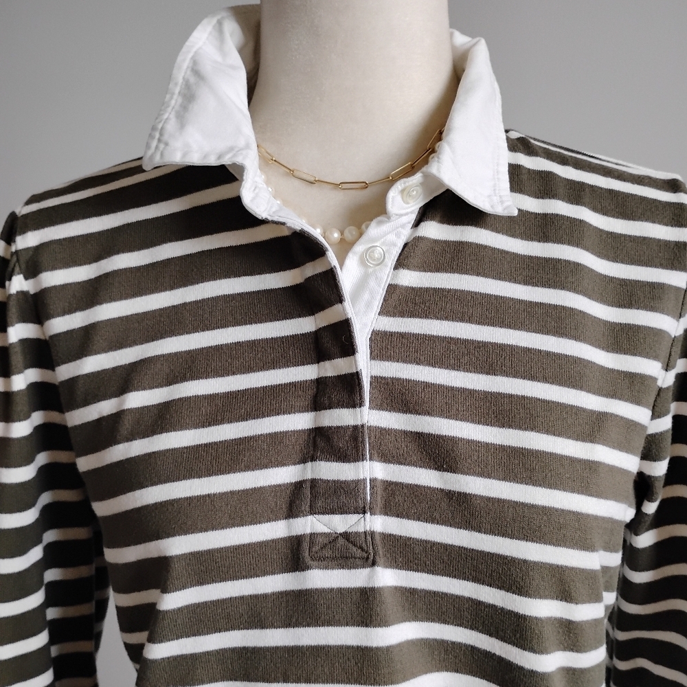 Talbots Cotton Rugby Shirt Puff Sleeves Green White Stripe Classic Size M Petite